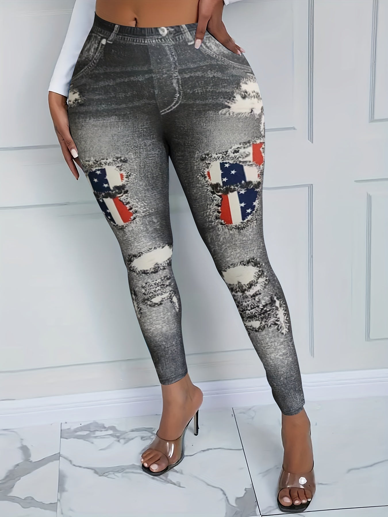  Denim Print High Rise Skinny Leggings