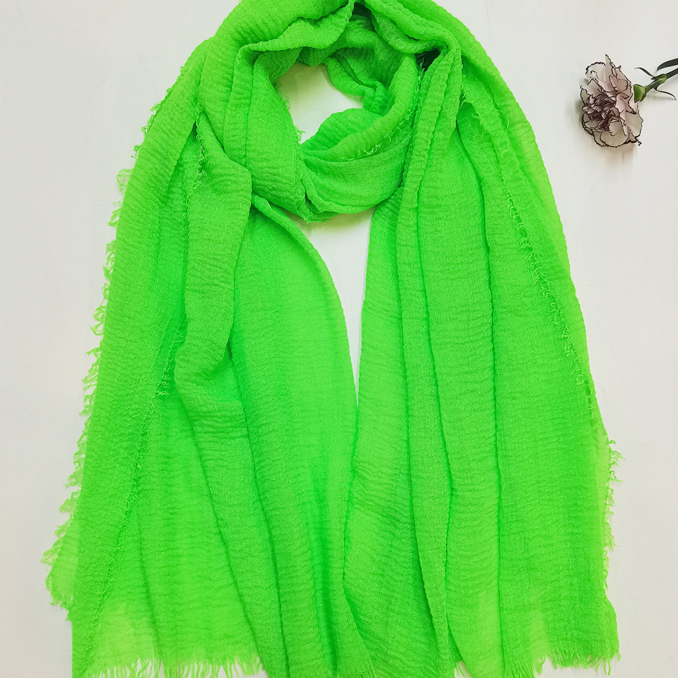 Green Fluorescent Raw Edge Scarf Solid Crepe Shawl Casual Warm Wrap Women