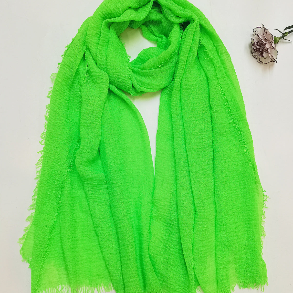 Green Fluorescent Raw Edge Scarf Solid Crepe Shawl Casual Warm Wrap Women