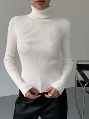 Women's Turtleneck Ribbed Sweater Slim Pullover Knit Top