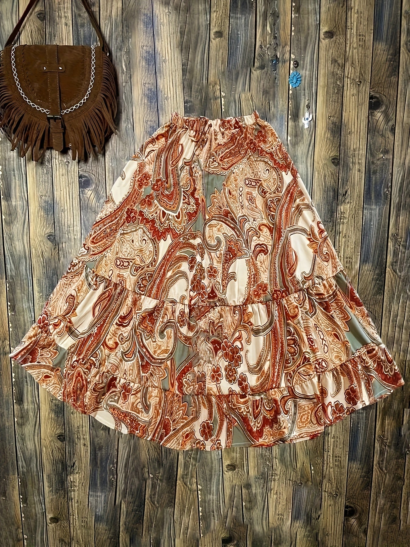  Boho Maxi Skirt Paisley Floral Print Drawstring Elastic High Rise
