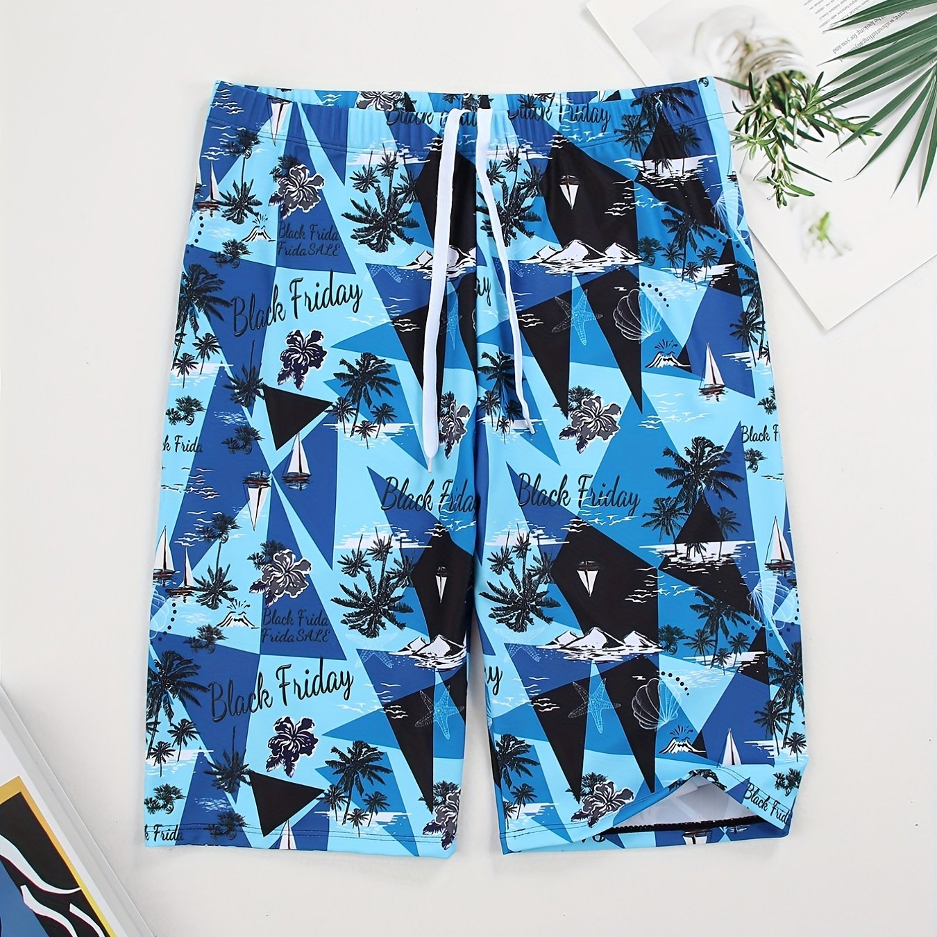 Sketch Style Boat Palm Tree Flower Swim Trunk Men s Pants Swimwear