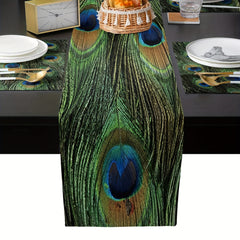 13x72 Inch Green Peacock Feather Linen Table Runner for Dining Room