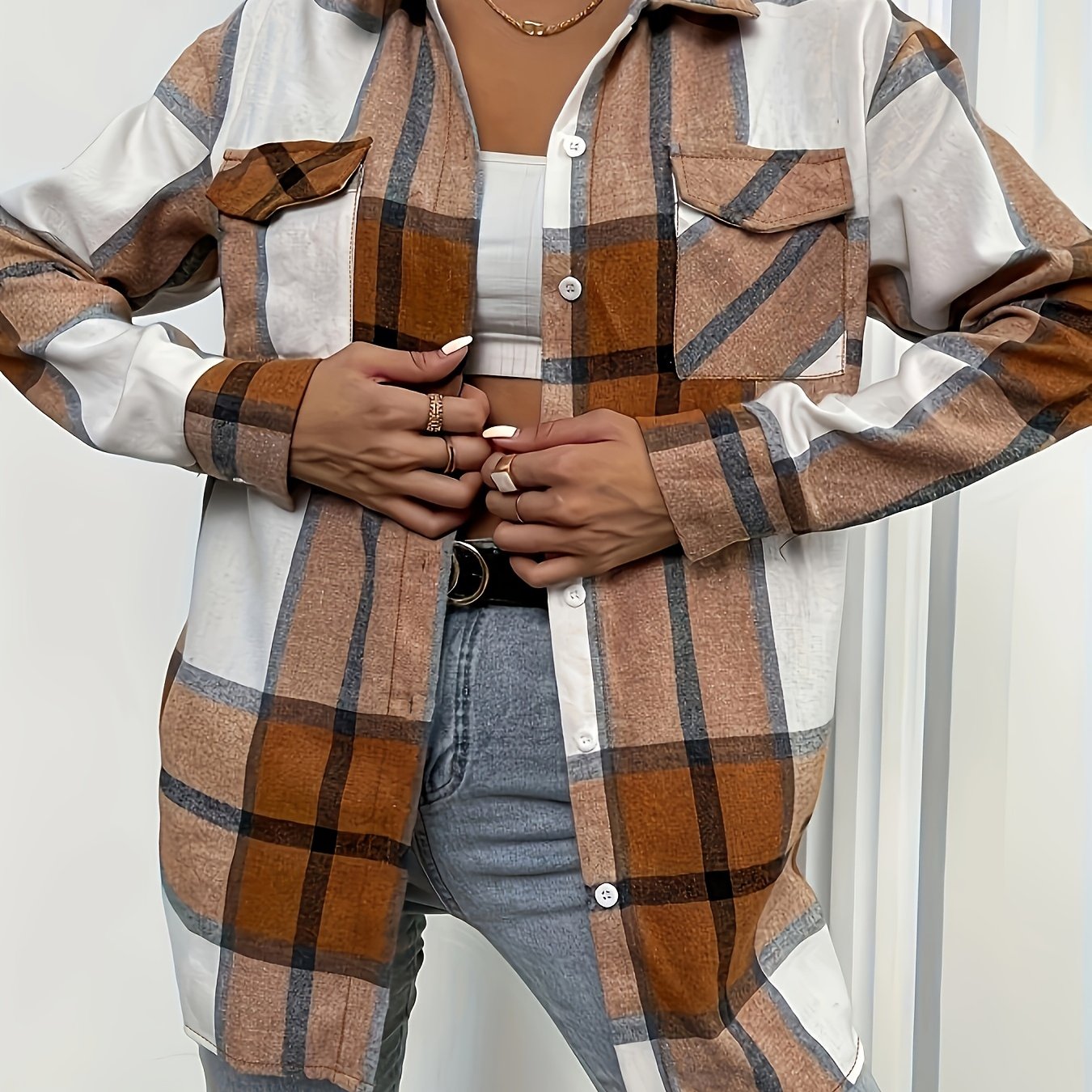 Plaid Button Up Long Sleeve Blouse