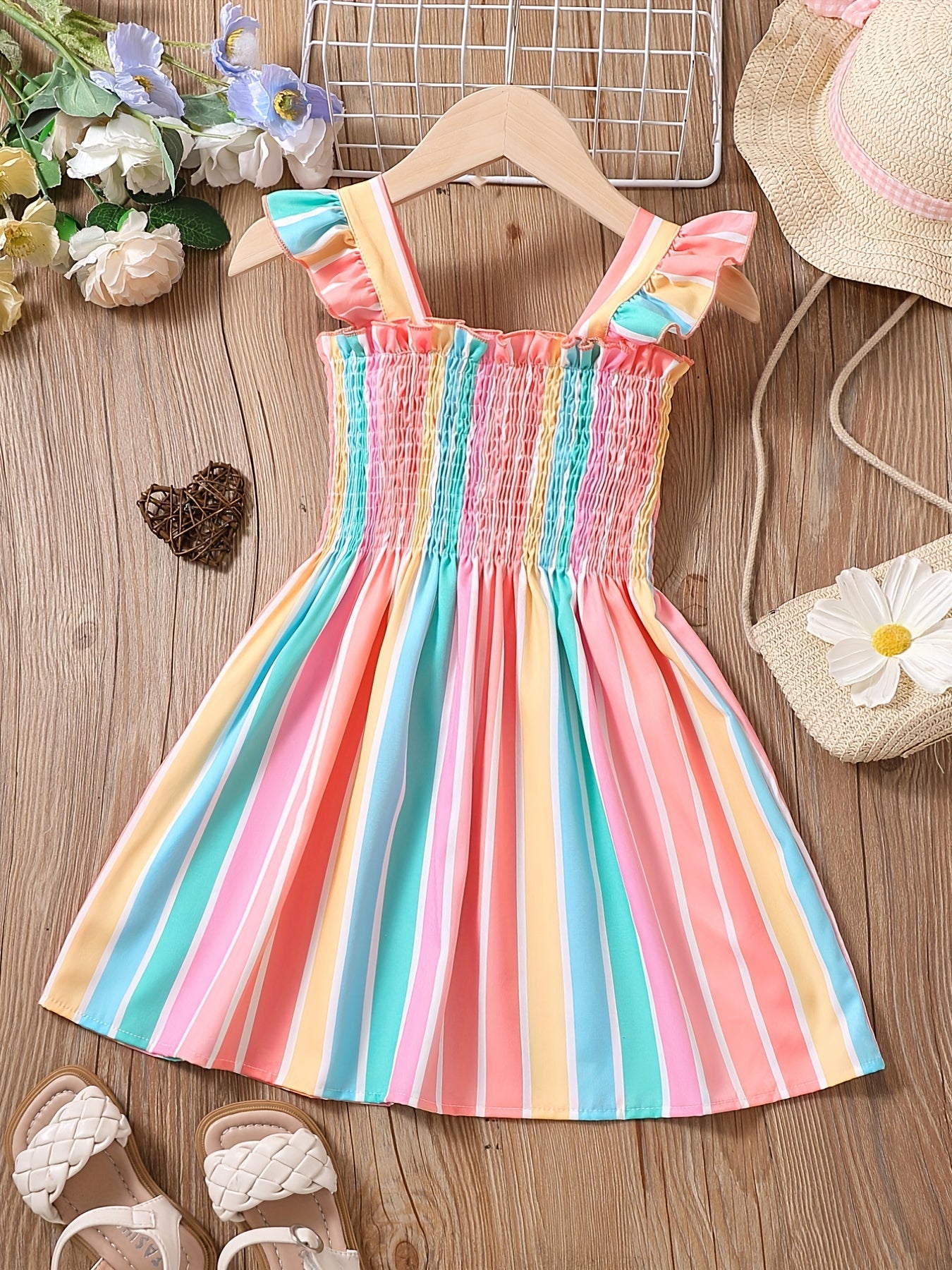 Girls Striped Sleeveless Dress Ruffles Ruched Summer Clothes