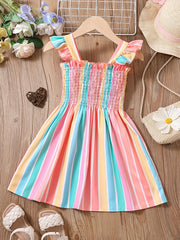 Girls Striped Sleeveless Dress Ruffles Ruched Summer Clothes