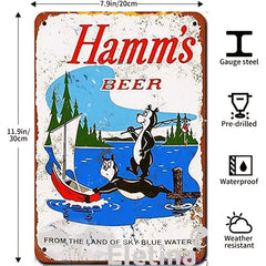 Vintage Metal Tin Sign 1956 Hamm's Beer Bears Fishing 7x11 inches