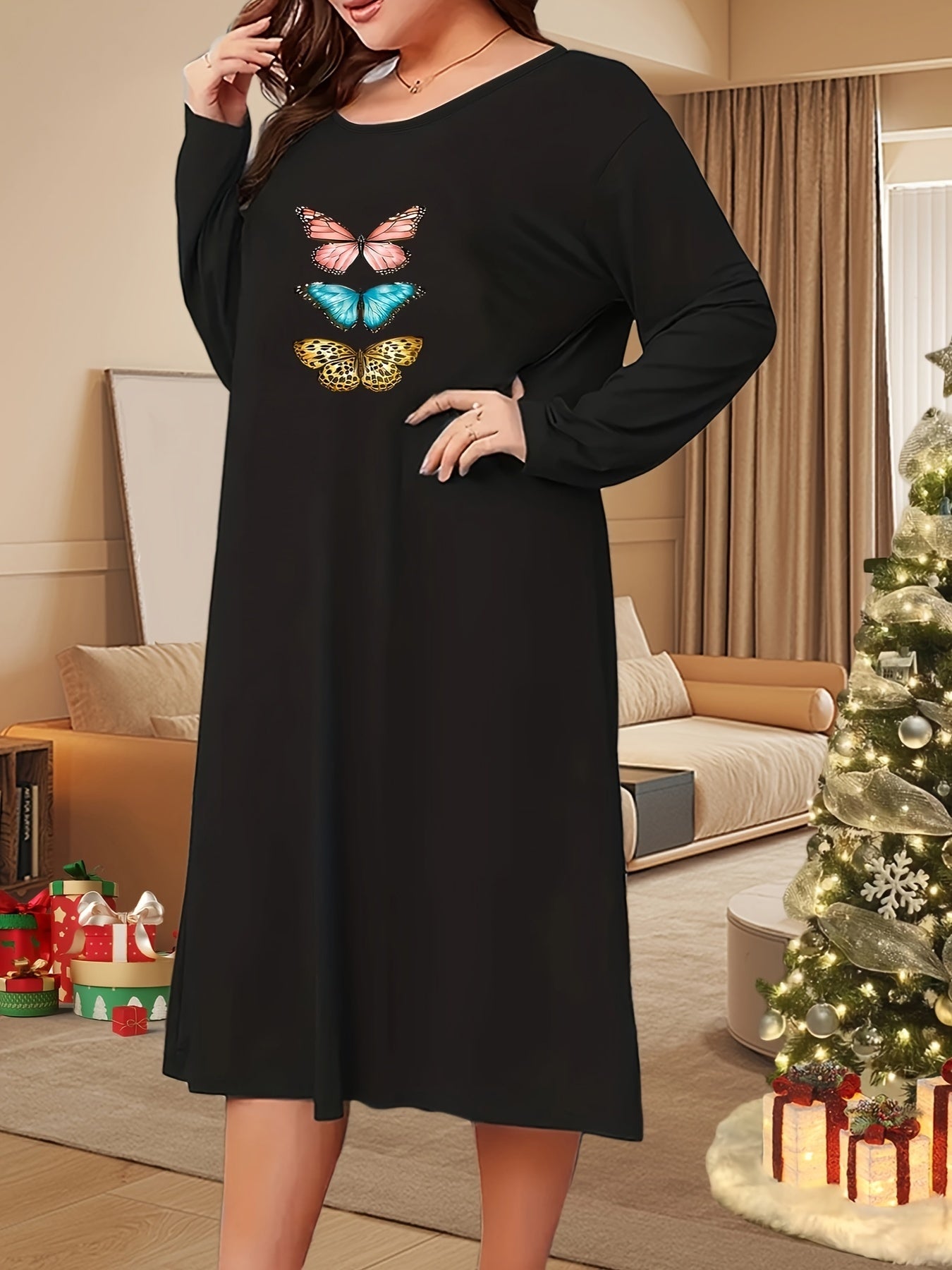  Butterfly Print Long Sleeve Nightdress