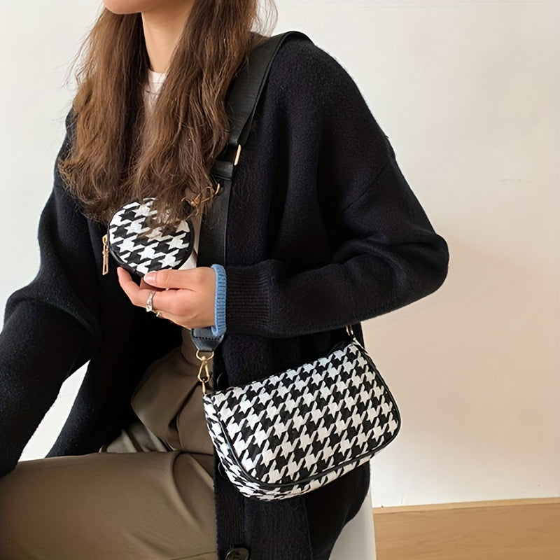 Stylish Houndstooth Shoulder Bag With Mini Round Purse