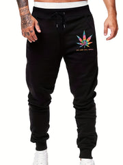 Men's Leaf Print Sports Pants Drawstring Jogging Trousers