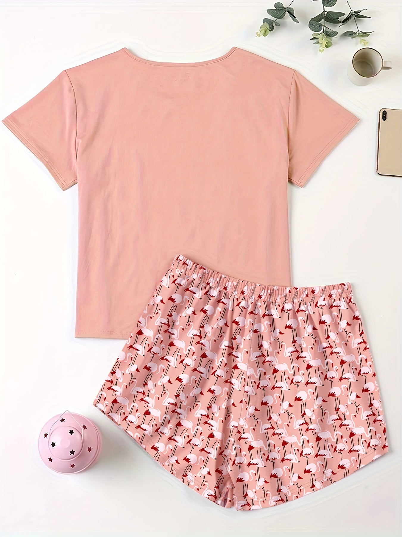  Flamingo Print Pajama Set Short Sleeve Top & Shorts Two Piece