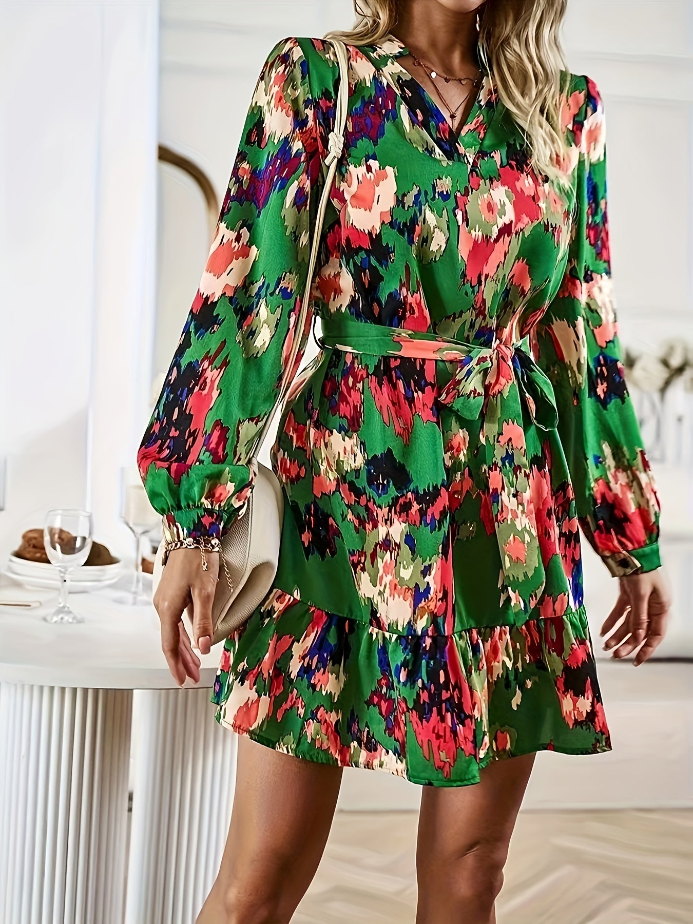  Boho Tie Dye Lantern Sleeve Ruffle Mini Dress