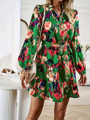  Boho Tie Dye Lantern Sleeve Ruffle Mini Dress