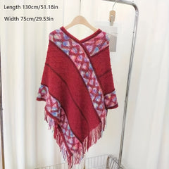 National Style Knitted Fringed Shawl V Neck for Spring & Autumn