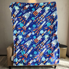 Cartoon Spaceship Pattern Blanket Flannel Blanket for Travel Camping Office Nap