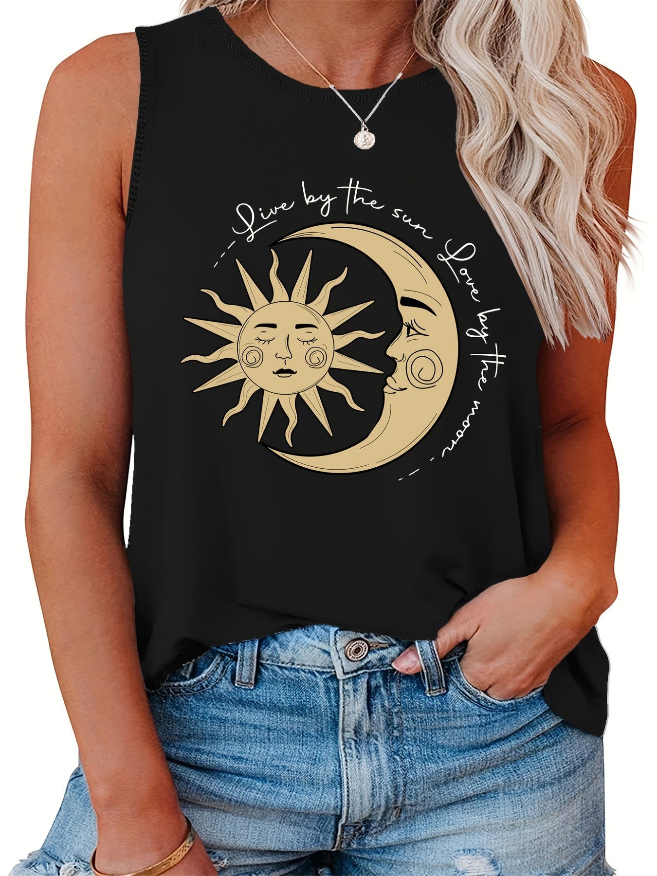  Sun & Moon Print Tank Top Round Neck Casual Slogan Plus Women