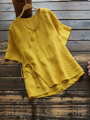  Solid Button Short Sleeve V Neck Wrap Top