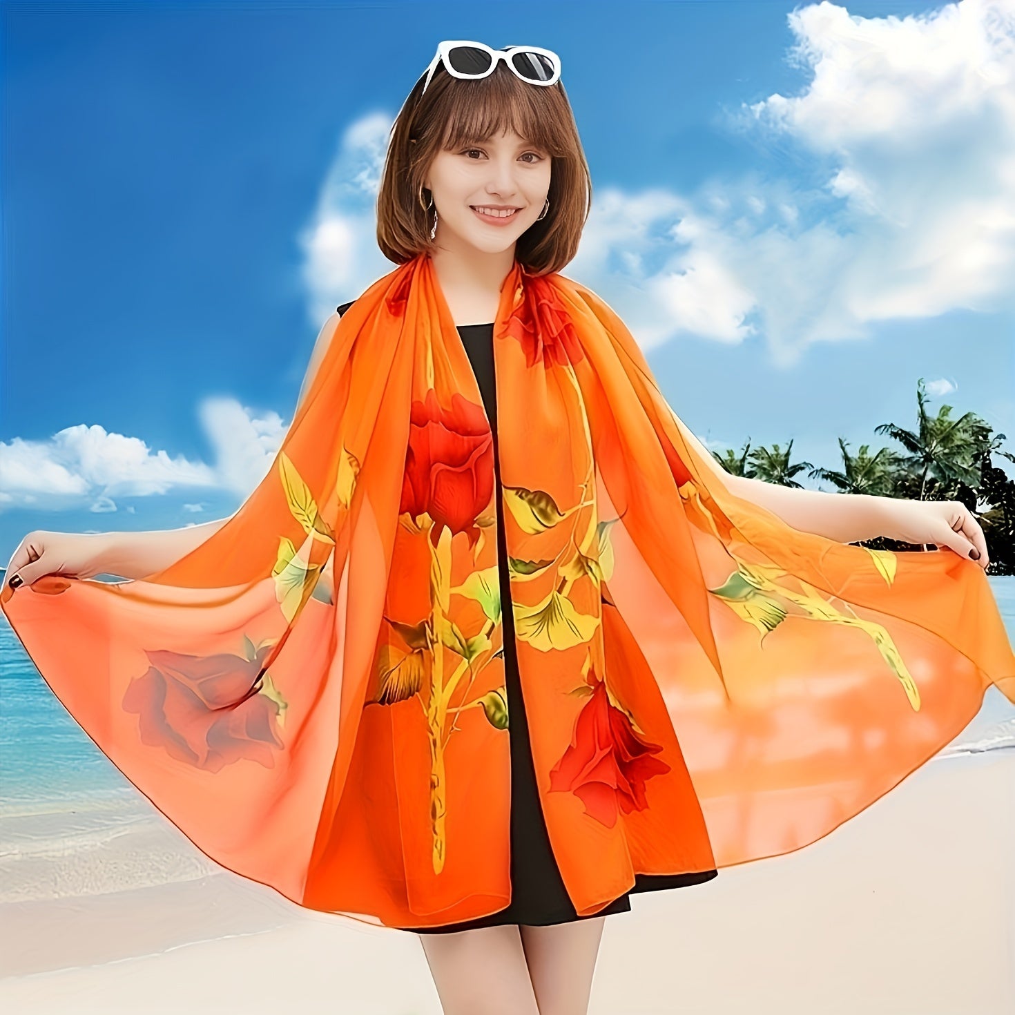 Thin Silk Chiffon Shawl Long Printed Scarf Sunshade Beach Towel