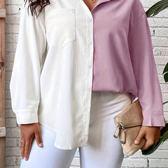  Colorblock Long Sleeve Button-Up Shirt Top With Pockets