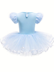 Girls Floral Embroidery Tulle Tutu Mesh Ruffled Sleeve Dance Dress