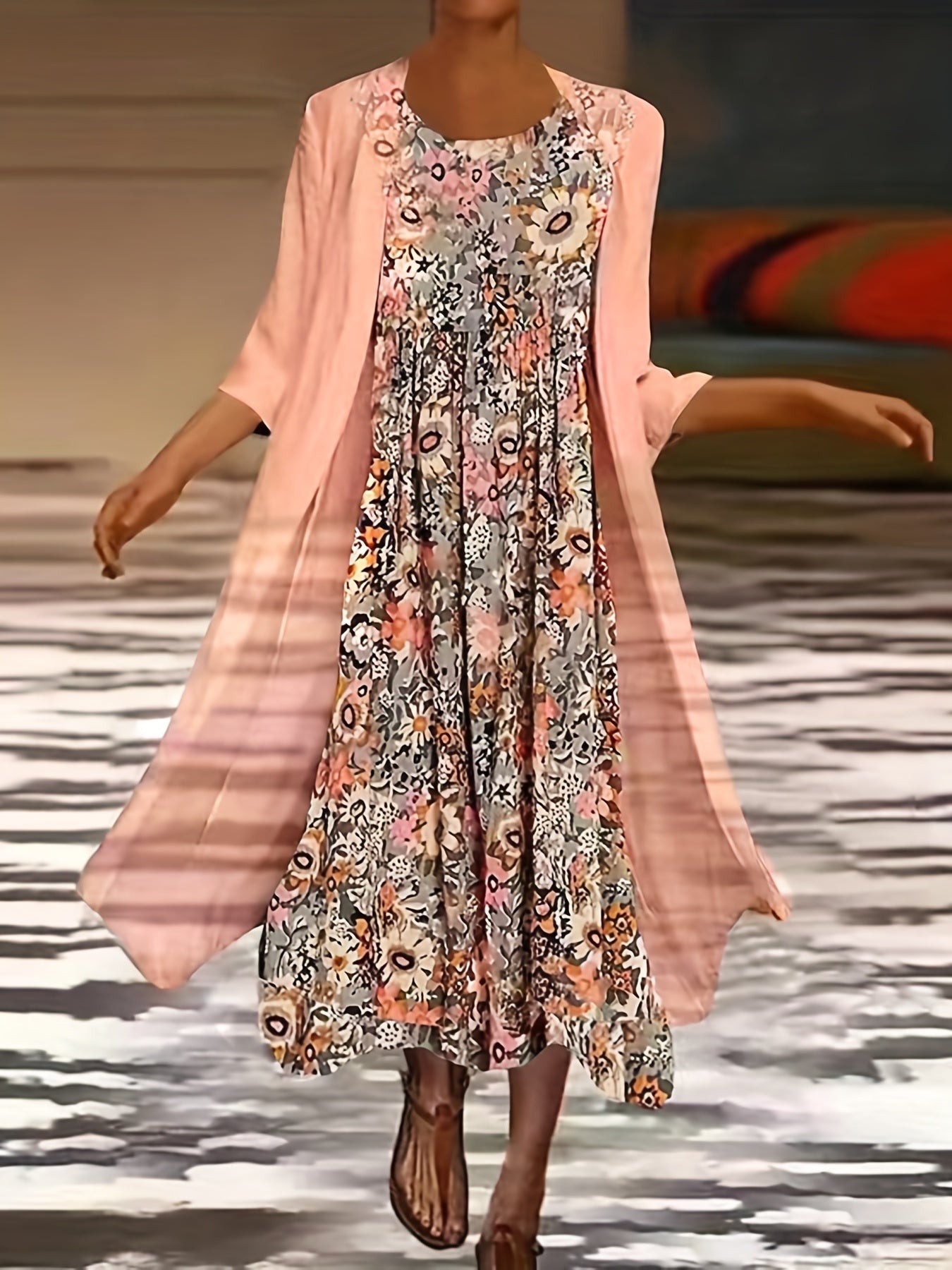 Women's Plus Floral Print Tank Dress & Long Sleeve Coat Set