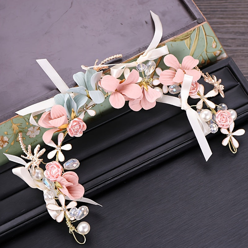 Lustrous Petals Crystal & Faux Pearl Bridal Headband Wedding Hair Accessory