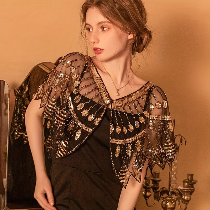 Vintage Ruffle Shawl Sequin Embroidery Mesh Cardigan