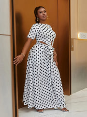  Polka Dot Print Knot Front Crop Top & Maxi Skirt Set