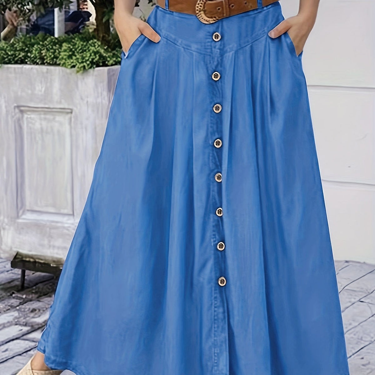  Button Detail High Rise Maxi Skirt with Pockets