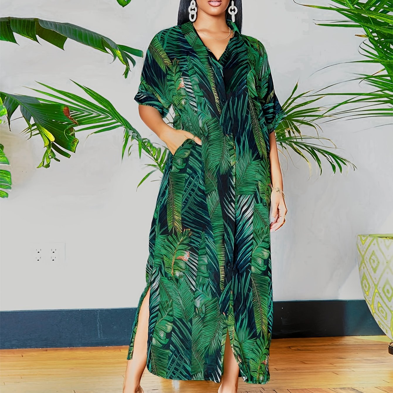  Tropical Print Polo Neck Button-Up Dress