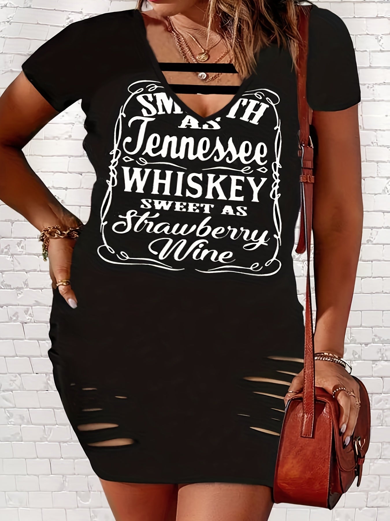  Slogan Print V Neck Cut Out Ripped Dress