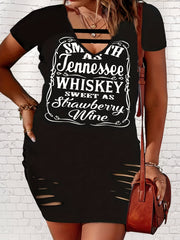  Slogan Print V Neck Cut Out Ripped Dress