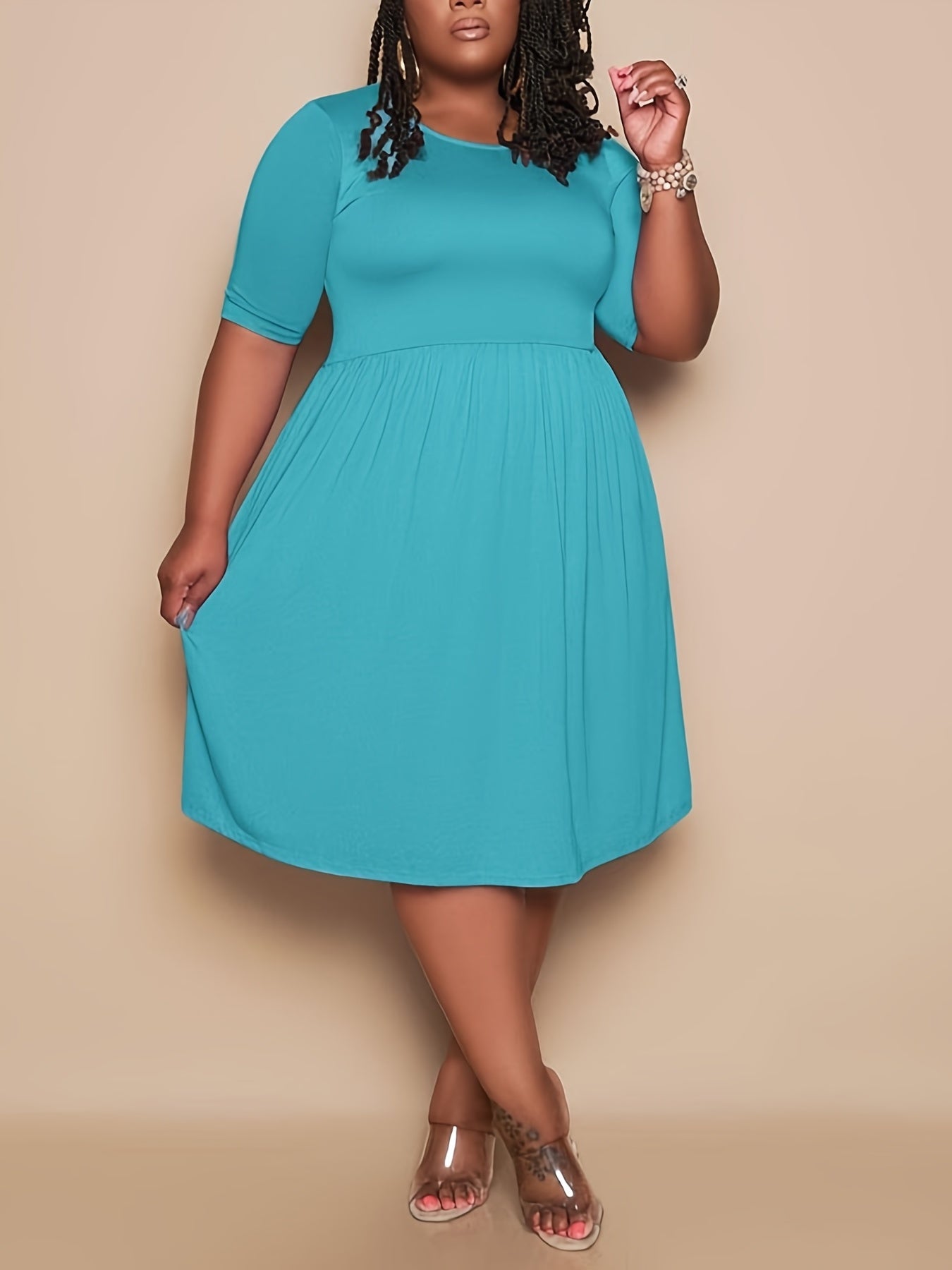  Solid Short Sleeve Smock Midi Dress