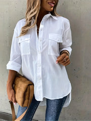  Solid Long Sleeve Lapel Button Up Shirt Top