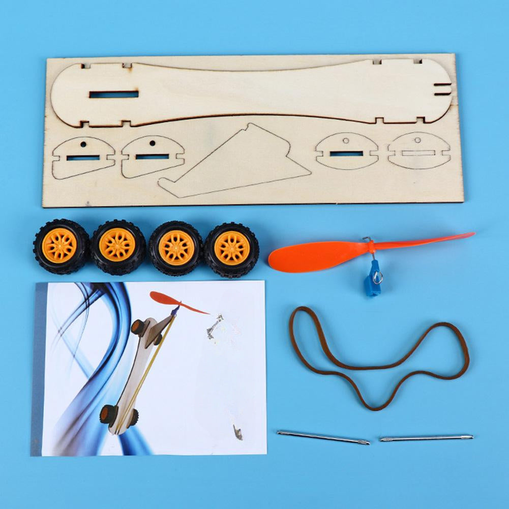 Rubber Band Power Car Kit Boys Fun Physics Toy Gift Yellow Orange Propeller