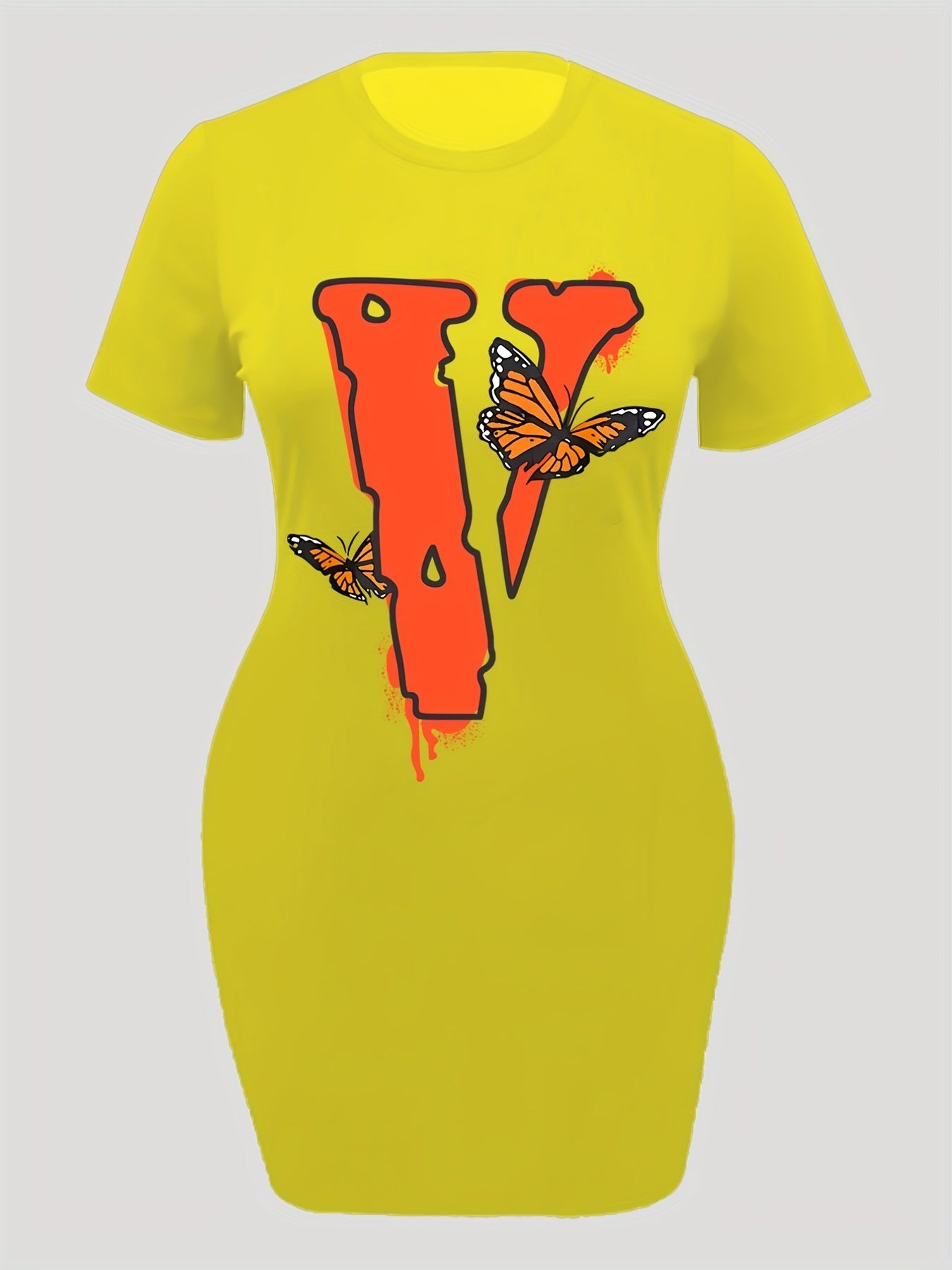  Casual Dress Women's Plus Letter V & Butterfly Print Dress