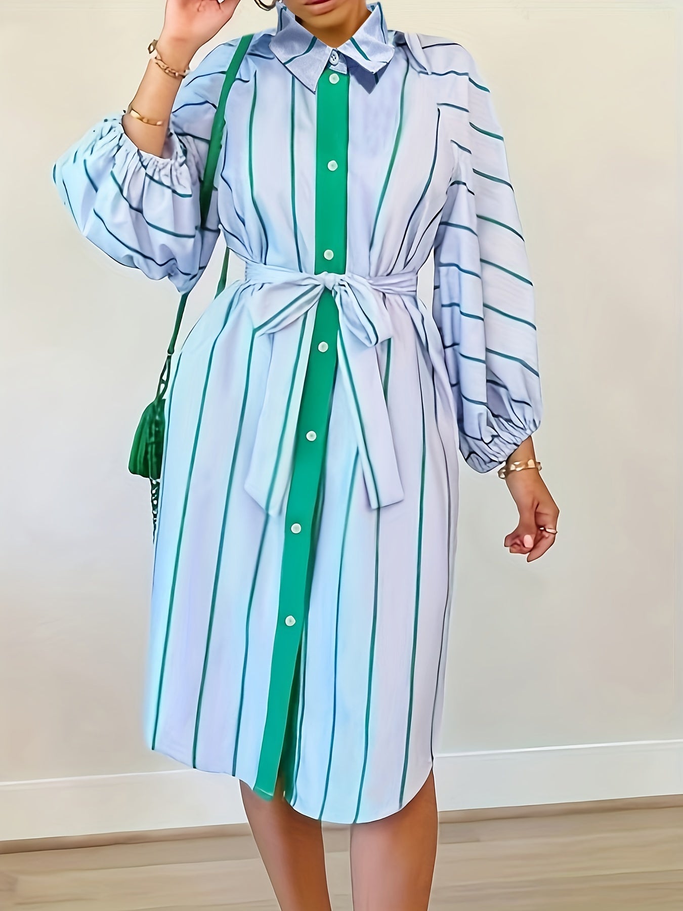 Women's Plus Stripe Print Button Up Lantern Sleeve Shirt Dress