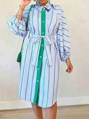 Women's Plus Stripe Print Button Up Lantern Sleeve Shirt Dress
