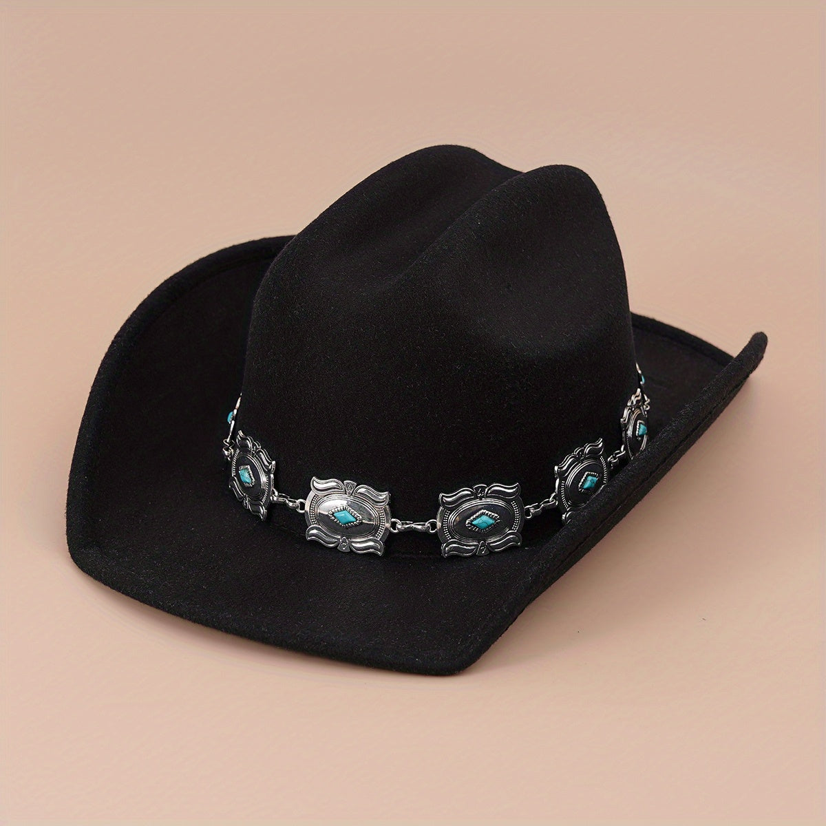 Western Cowboy Hat with Oval Stone Iron Chain Decoration