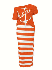 Women's Plus Anchor & Letter Print T shirt & Strip Slim Fit Skirt 2pcs Set