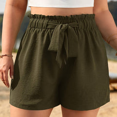 Plus Solid Elastic Drawstring High Rise Loose Fit Casual Shorts
