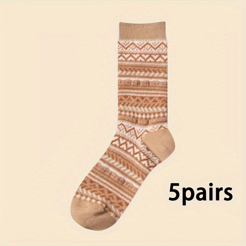 5 Pairs Vintage Pattern Crew Socks for Women