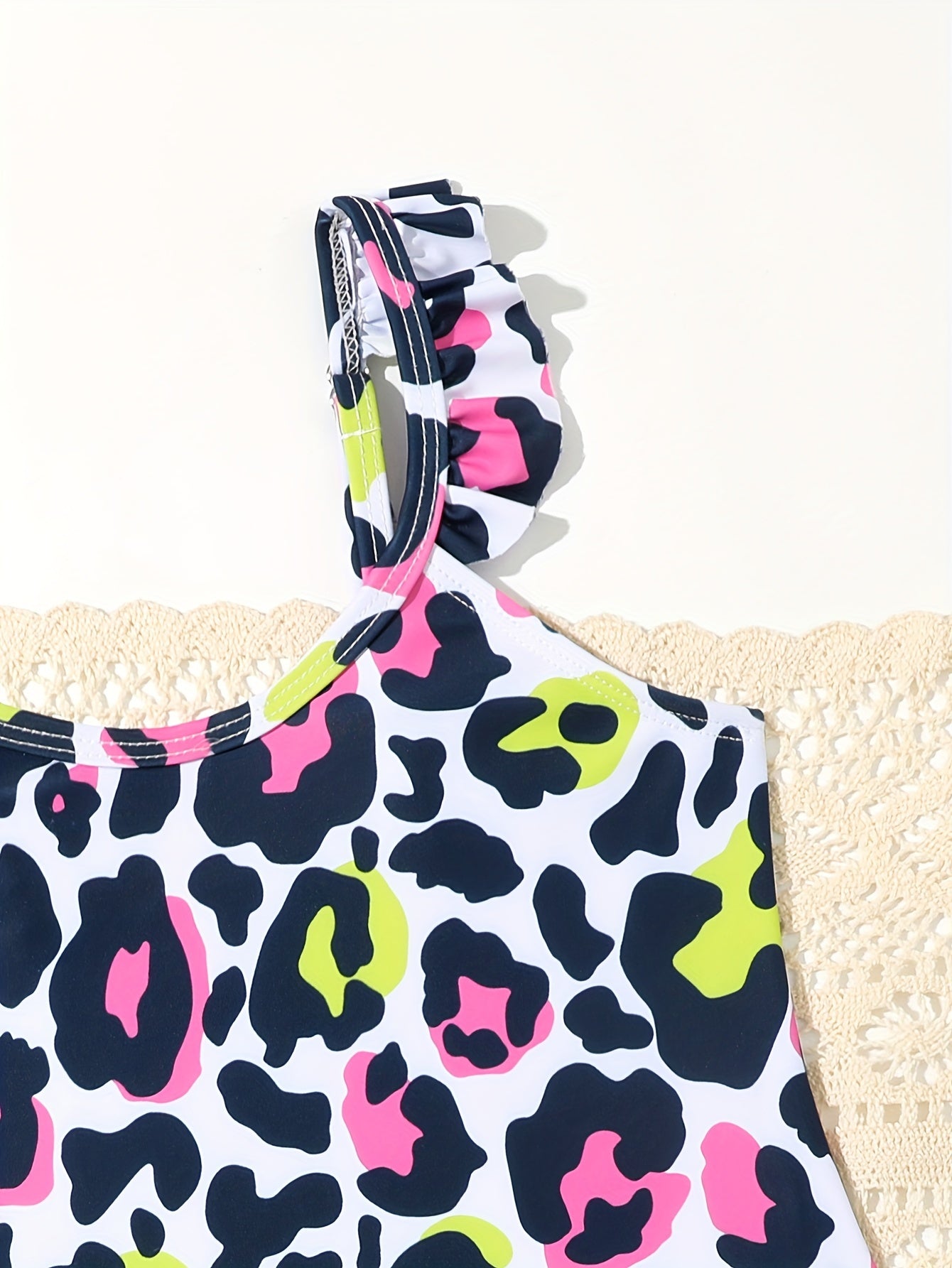 Leopard Print Ruffle Trim 1pc Swimsuit Bathing Suit For Toddler Girls