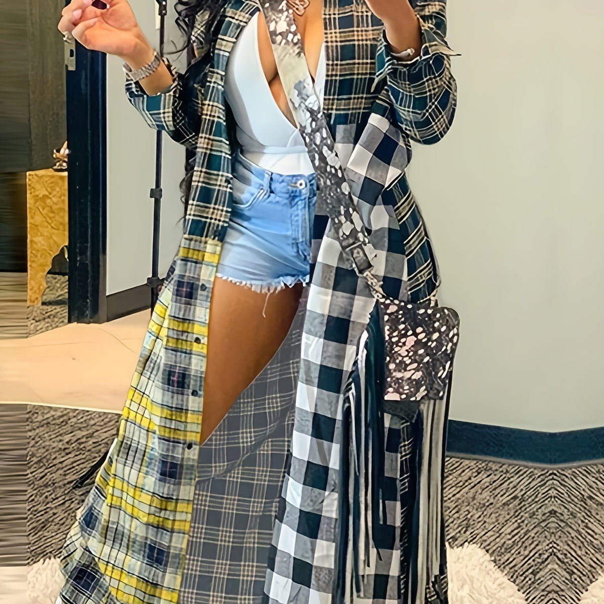  Colorblock Plaid Print Button Up Long Sleeve Shacket