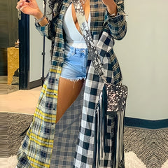  Colorblock Plaid Print Button Up Long Sleeve Shacket