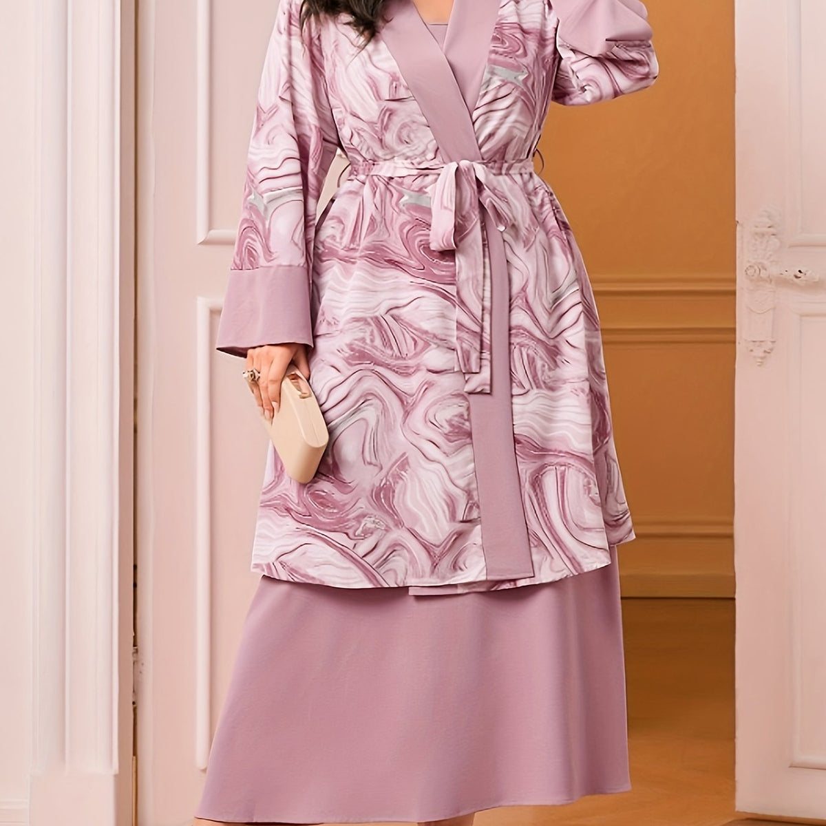 Women's Plus Marble Print Cardigan & Cami Maxi Dress Set