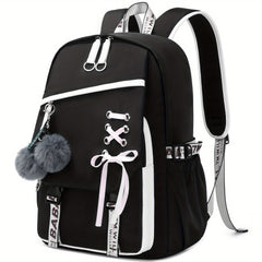Girl School Backpack With Plush Ball Bag & Letter Pattern Strap