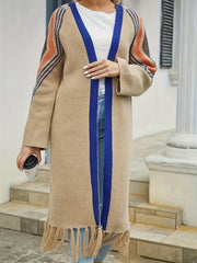  Striped Tassel Cardigan Long Sleeve High Stretch