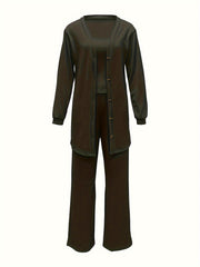  3 Piece Casual Outfit Set: Ribbed Cardigan, Tank Top & Pants