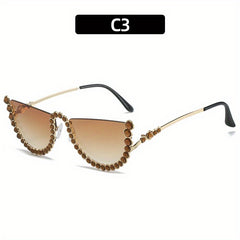 Rhinestone Semi Rimless Sunglasses for Women UV400 Sun Shades Glasses